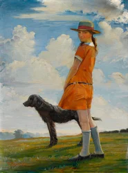 Konstnärens dotter promenerar med kyrkoherdens hund, ca 1924